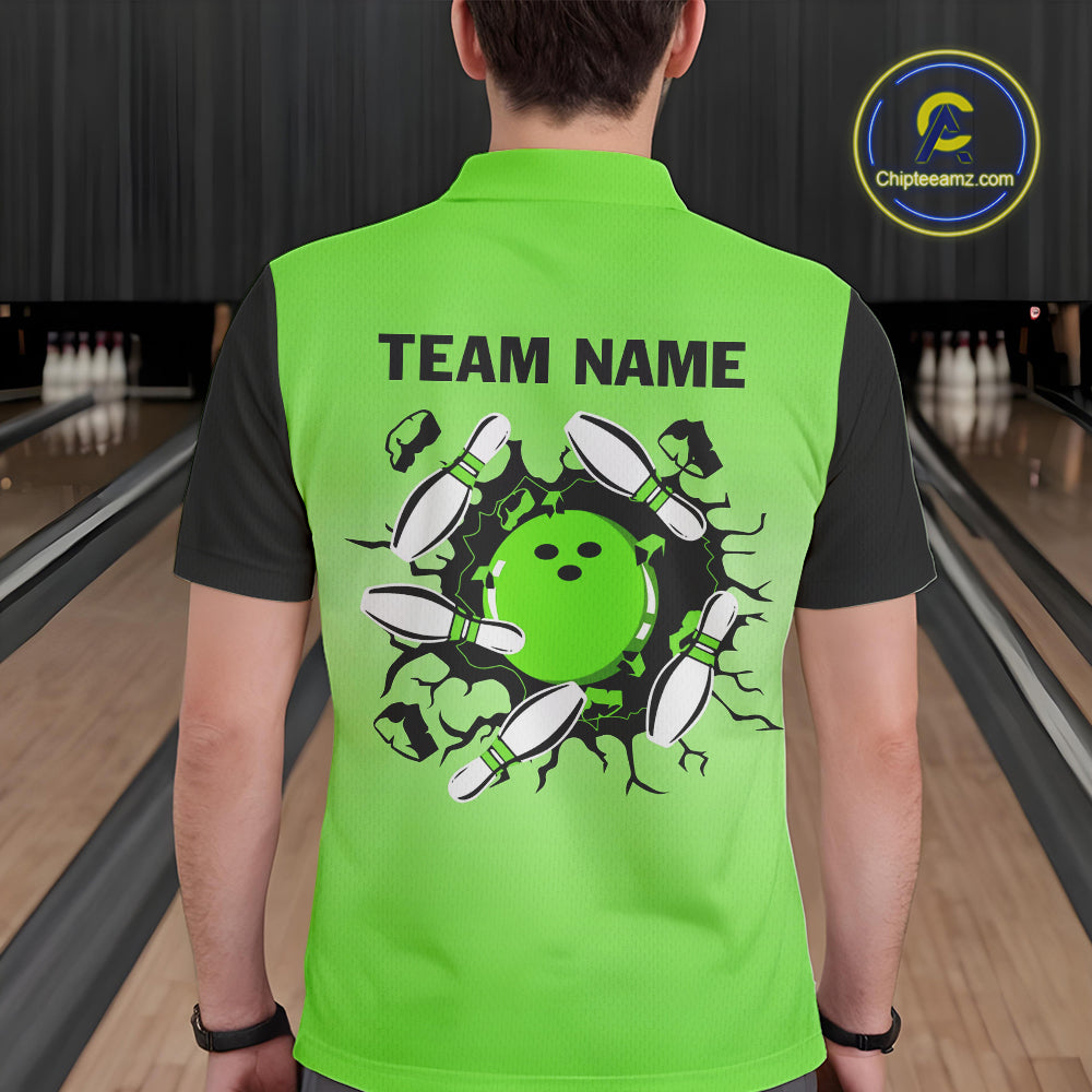 Personalized Black and Green Retro Bowling Polo, Quarter Zip Team Shirts For Men Custom Bowling Gifts NQS10460