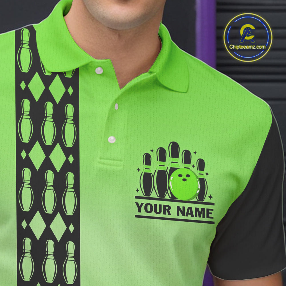 Personalized Black and Green Retro Bowling Polo, Quarter Zip Team Shirts For Men Custom Bowling Gifts NQS10460
