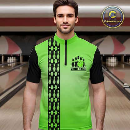 Personalized Black and Green Retro Bowling Polo, Quarter Zip Team Shirts For Men Custom Bowling Gifts NQS10460