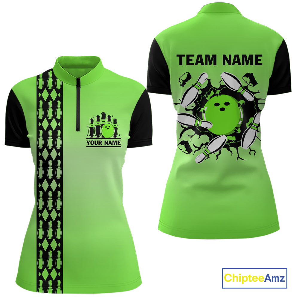 Personalized Black and Green Retro Bowling Polo, Quarter Zip Team Shirt For Women Custom Bowling Gift NQS10460
