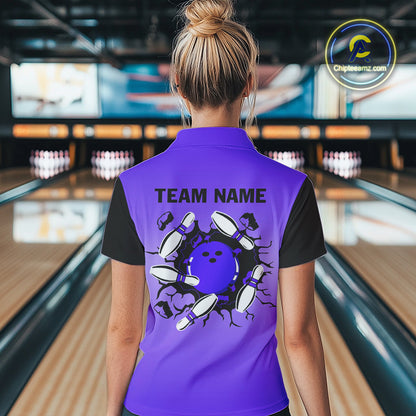 Personalized Black & Purple Retro Bowling Polo, Quarter Zip Team Shirt For Women Custom Bowling Gift NQS10461