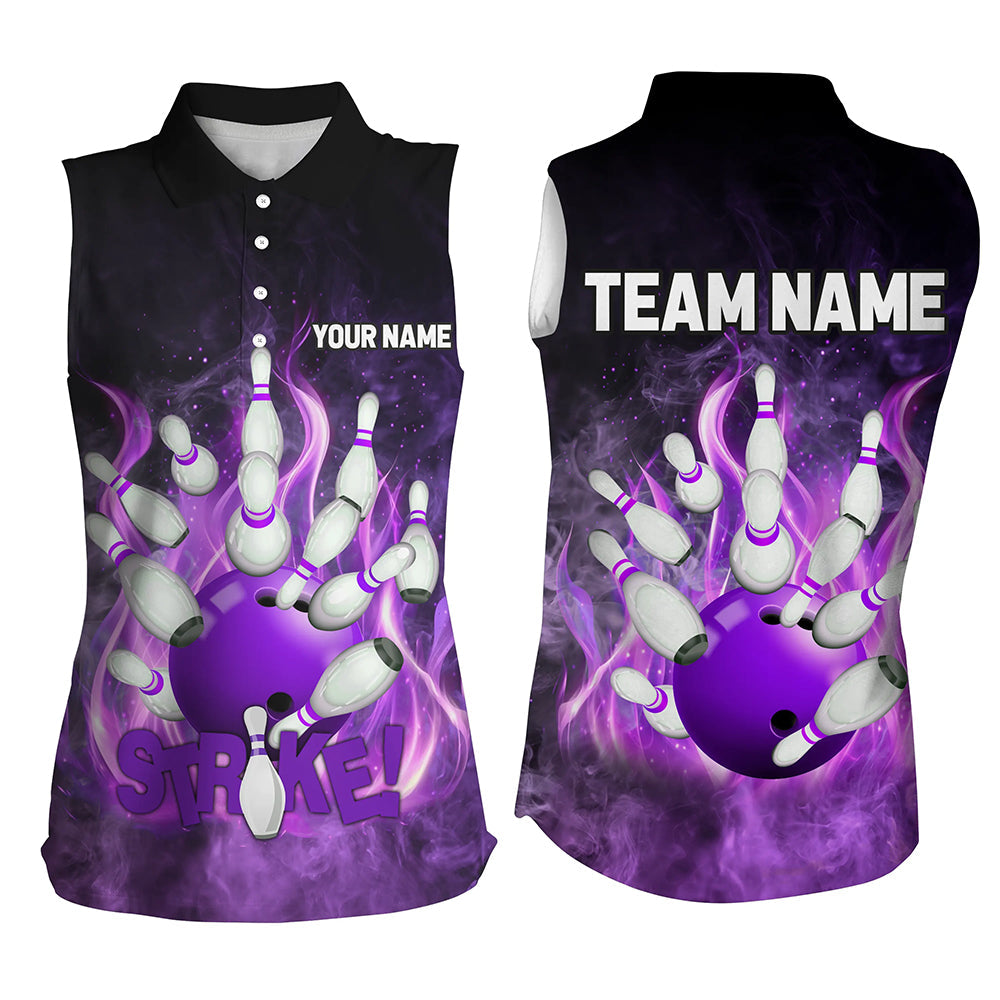 Purple Flame Strike Bowling Sleeveless Polos Custom Bowling Team League Jerseys, custom bowling shirts NQS8476