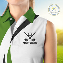 Load image into Gallery viewer, Green and White Women Sleeveless golf polo shirt Custom golf attire for ladies, gifts for golf lovers NQS10664