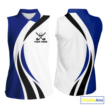 Load image into Gallery viewer, Blue and White Women Sleeveless golf polo shirt Custom golf attire for ladies, gifts for golf lovers NQS10665