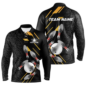 Silver Bowling Ball pins Team bowling shirts for Men custom bowling Polo, Quarter zip jersey | Black NQS8732