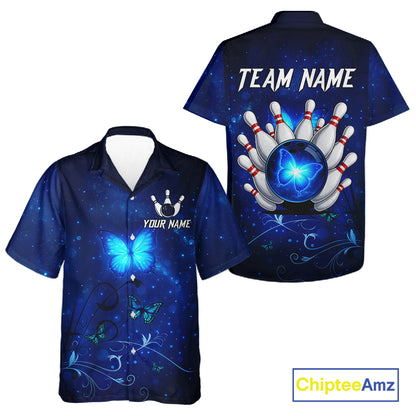 Blue galaxy Butterfly Bowling Hawaiian Shirt Custom Butterfly Team bowling button up shirt NQS11268