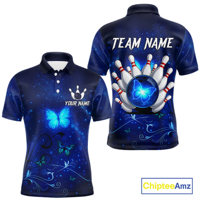 Blue galaxy Butterfly Bowling Polo, Quarter Zip shirts For men Custom Butterfly Team bowling jersey NQS11268