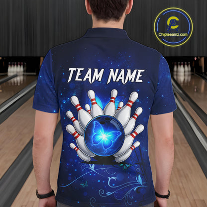 Blue galaxy Butterfly Bowling Polo, Quarter Zip shirts For men Custom Butterfly Team bowling jersey NQS11268