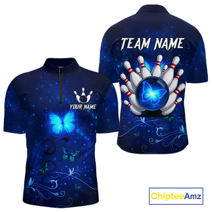 Blue galaxy Butterfly Bowling Polo, Quarter Zip shirts For men Custom Butterfly Team bowling jersey NQS11268