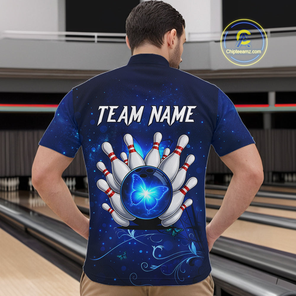 Blue galaxy Butterfly Bowling Polo, Quarter Zip shirts For men Custom Butterfly Team bowling jersey NQS11268