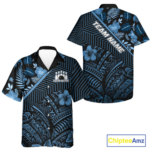 Black and Blue tribal pattern tropical Bowling Hawaiian Shirts Custom Team Bowling Jerseys NQS11468