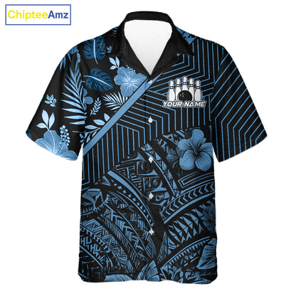 Black and Blue tribal pattern tropical Bowling Hawaiian Shirts Custom Team Bowling Jerseys NQS11468