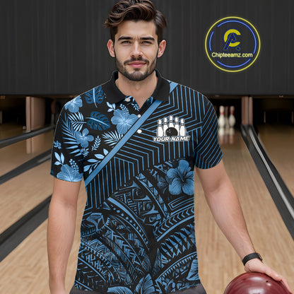 Black and Blue tribal pattern Bowling Polo, 1/4 zip Shirts For Men Custom Team Bowling Jerseys NQS11468