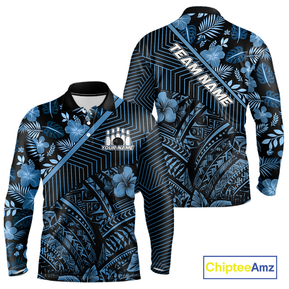 Black and Blue tribal pattern Bowling Polo, 1/4 zip Shirts For Men Custom Team Bowling Jerseys NQS11468