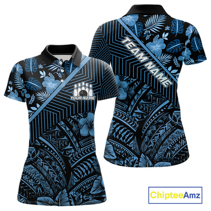 Black and Blue tribal pattern Bowling Polo, 1/4 zip Shirts For Women Custom Team Bowling Jerseys NQS11468