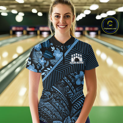 Black and Blue tribal pattern Bowling Polo, 1/4 zip Shirts For Women Custom Team Bowling Jerseys NQS11468