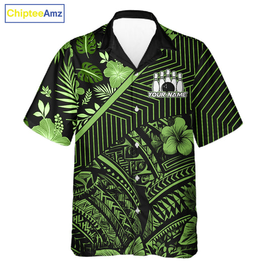 Black and Green tribal pattern tropical Bowling Hawaiian Shirts Custom Team Bowling Jerseys NQS11469