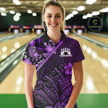 Black and Purple tribal pattern Bowling Polo, 1/4 zip Shirts For Women Custom Team Bowling Jerseys NQS11470