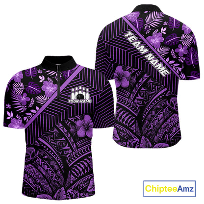 Black and Purple tribal pattern Bowling Polo, 1/4 zip Shirts For Men Custom Team Bowling Jerseys NQS11470