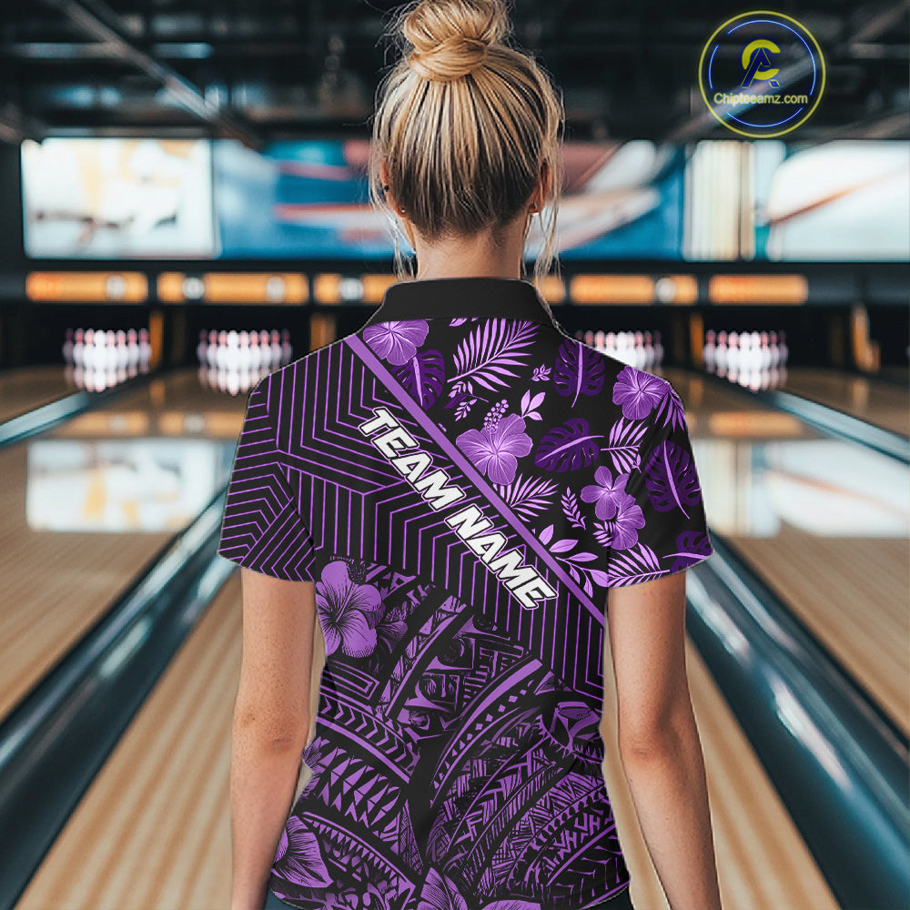 Black and Purple tribal pattern Bowling Polo, 1/4 zip Shirts For Women Custom Team Bowling Jerseys NQS11470