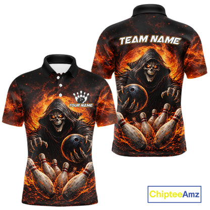 Personalized Skull Bowling Polo, 1/4 zip Jerseys for Men Custom Black and Orange Bowling Team shirts NQS11474