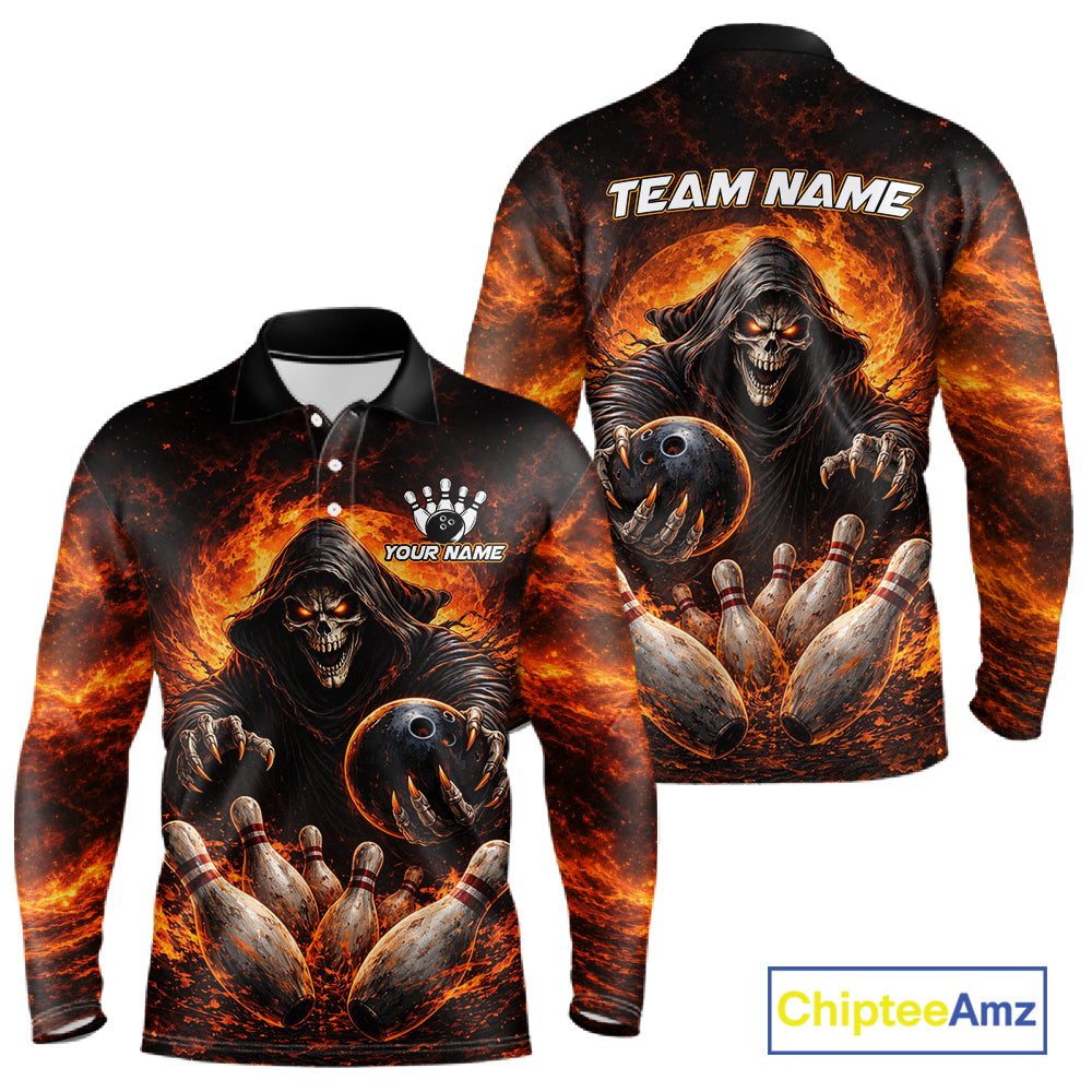 Personalized Skull Bowling Polo, 1/4 zip Jerseys for Men Custom Black and Orange Bowling Team shirts NQS11474
