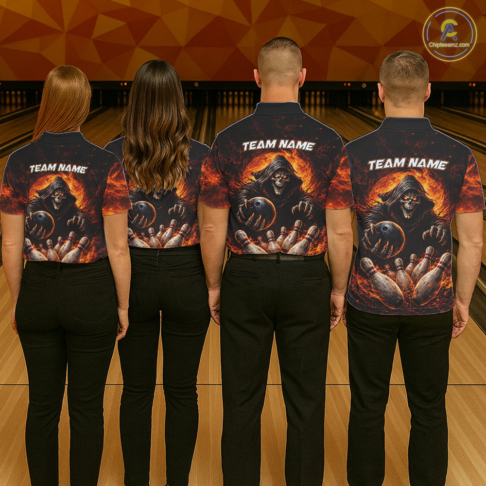 Personalized Skull Bowling Polo, 1/4 zip Jerseys for Men Custom Black and Orange Bowling Team shirts NQS11474