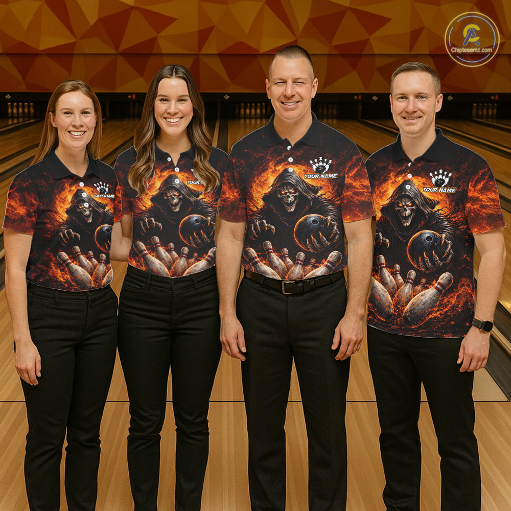 Personalized Skull Bowling Polo, 1/4 zip Jerseys for Men Custom Black and Orange Bowling Team shirts NQS11474