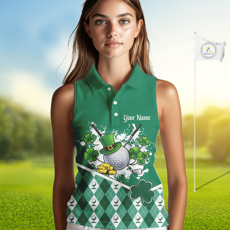 Green argyle pattern St Patrick Sleeveless Golf Polo Golf shirt for Women Custom gifts for the golfer NQS11476