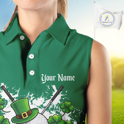 Green argyle pattern St Patrick Sleeveless Golf Polo Golf shirt for Women Custom gifts for the golfer NQS11476