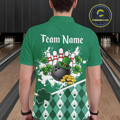 Green argyle pattern St Patrick Bowling Polo, 1/4 zip shirts for Men Custom team bowling jerseys NQS11477