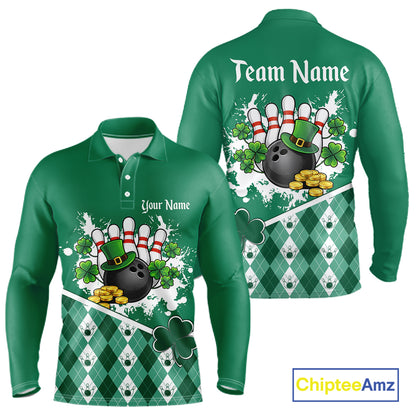 Green argyle pattern St Patrick Bowling Polo, 1/4 zip shirts for Men Custom team bowling jerseys NQS11477