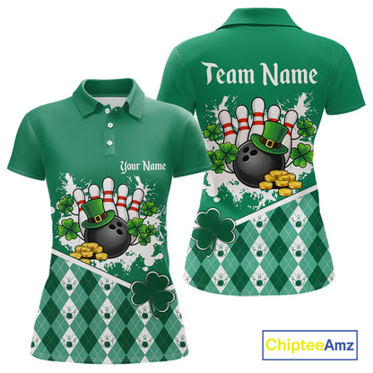 Green argyle pattern St Patrick Bowling Polo, 1/4 zip shirts for Women Custom team bowling jerseys NQS11477