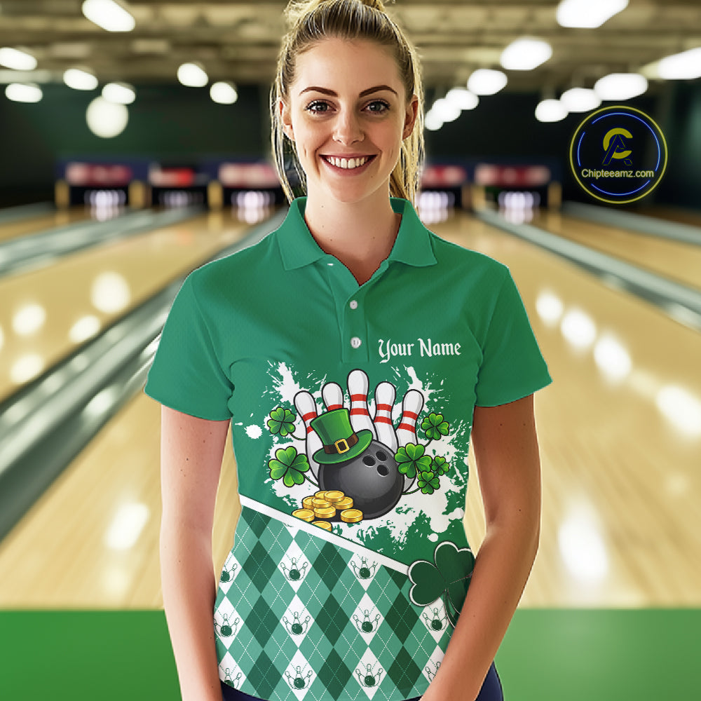 Green argyle pattern St Patrick Bowling Polo, 1/4 zip shirts for Women Custom team bowling jerseys NQS11477