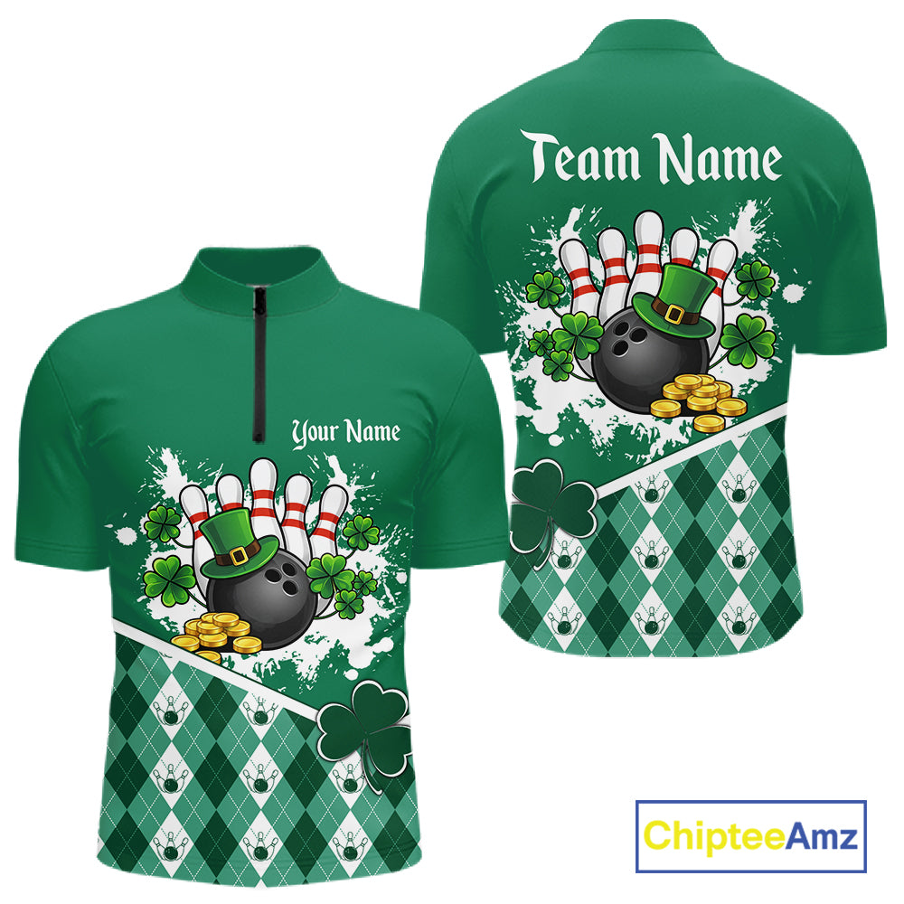 Green argyle pattern St Patrick Bowling Polo, 1/4 zip shirts for Men Custom team bowling jerseys NQS11477
