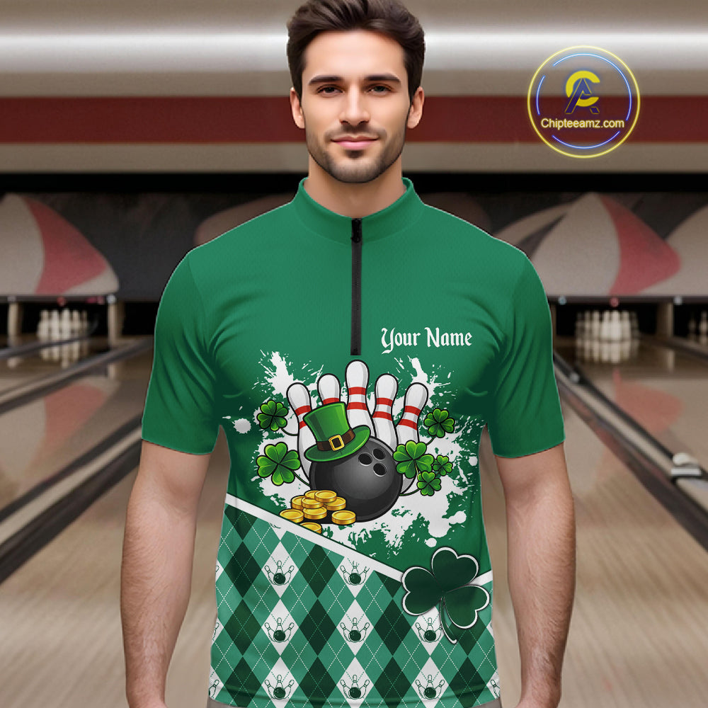 Green argyle pattern St Patrick Bowling Polo, 1/4 zip shirts for Men Custom team bowling jerseys NQS11477