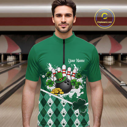 Green argyle pattern St Patrick Bowling Polo, 1/4 zip shirts for Men Custom team bowling jerseys NQS11477