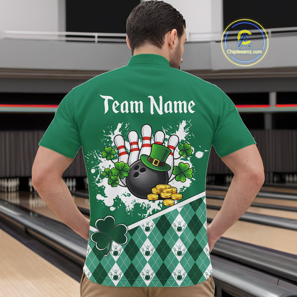 Green argyle pattern St Patrick Bowling Polo, 1/4 zip shirts for Men Custom team bowling jerseys NQS11477