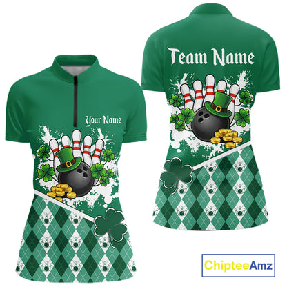 Green argyle pattern St Patrick Bowling Polo, 1/4 zip shirts for Women Custom team bowling jerseys NQS11477