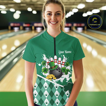 Green argyle pattern St Patrick Bowling Polo, 1/4 zip shirts for Women Custom team bowling jerseys NQS11477