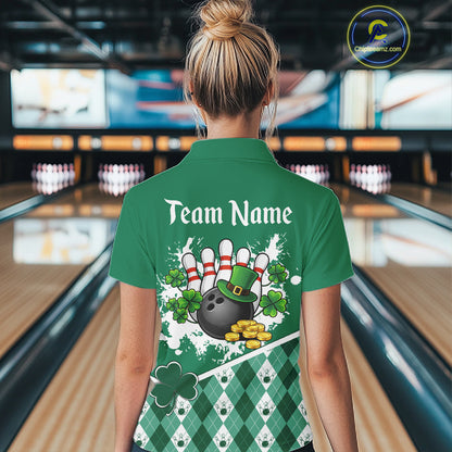 Green argyle pattern St Patrick Bowling Polo, 1/4 zip shirts for Women Custom team bowling jerseys NQS11477