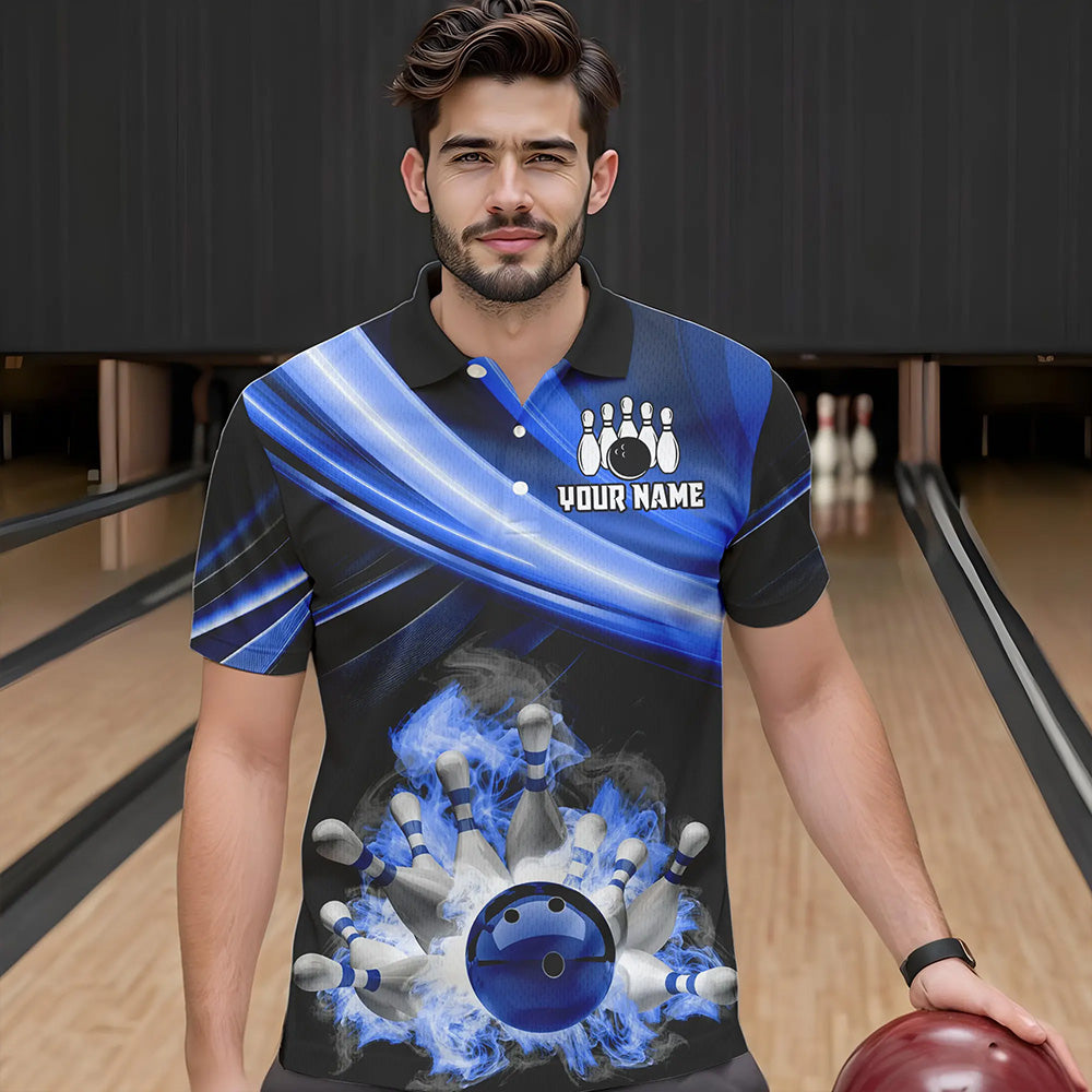 Personalized Black and Blue Smoke Flame Bowling Polo, 1/4 Zip Shirts For Men, cool bowling jerseys NQS9543