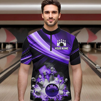 Personalized Black and Purple Smoke Flame Bowling Polo, 1/4 Zip Shirts For Men, cool bowling jerseys NQS9544