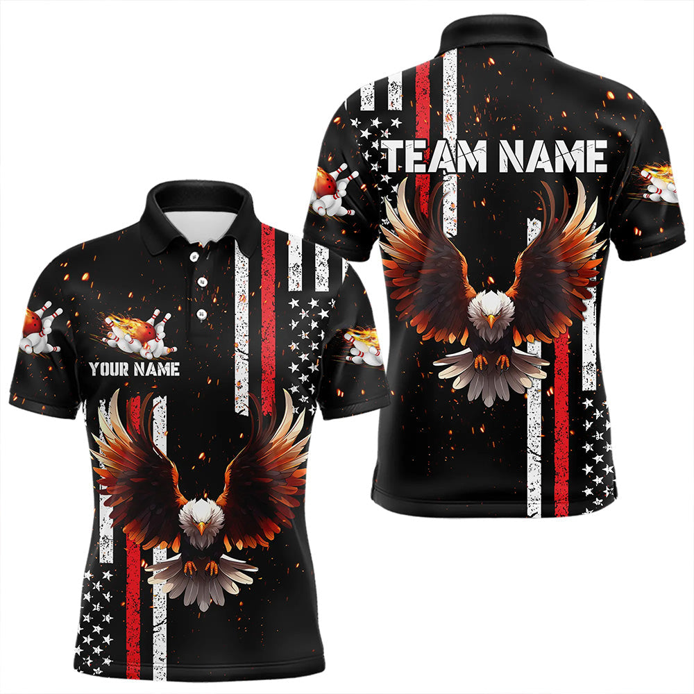Personalized Black American Flag Flame Eagle Bowling Shirts For Men Custom patriotic bowling jerseys NQS9549