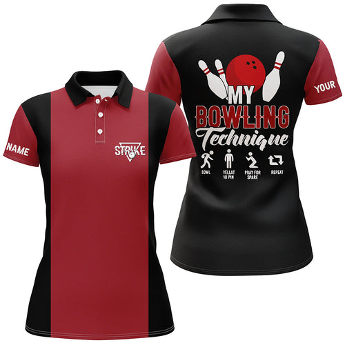 Red black vintage Womens bowling polo shirt Custom my bowling technique strike Bowling Team Jersey NQS5487