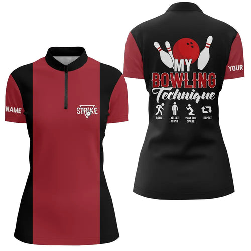 Red black vintage Womens bowling Quarter Zip shirts Custom bowling technique strike Bowling Team Jersey NQS5487