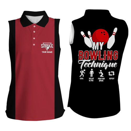 Red black vintage Women sleeveless polo shirts Custom my bowling technique strike Bowling Team Jersey NQS5487