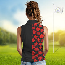 Load image into Gallery viewer, Black and Red maple leaf pattern Women sleeveless polo shirt Custom Canadian Flag patriotic golf top NQS10139