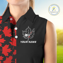 Load image into Gallery viewer, Black and Red maple leaf pattern Women sleeveless polo shirt Custom Canadian Flag patriotic golf top NQS10139