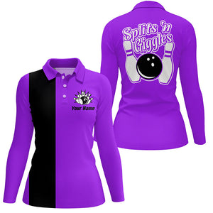 Splits 'n Giggles Bowling polo, 1/4 zip Shirt For Women Personalized Purple retro bowling Jerseys NQS8489